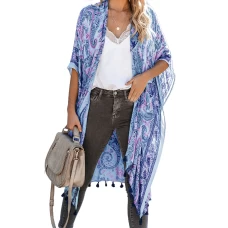 Malibu Blue Boho Paisley Printed with Tassel Detail Open Front Midi Cover Up 